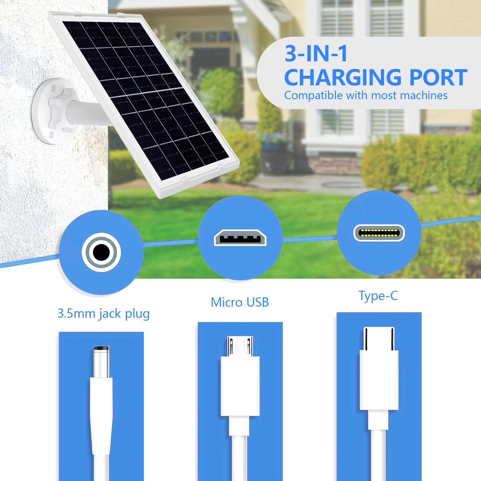 

8w Solar Panel Charger For Outdoor Security Cameras With Micro Usb/usb-c & (35 * 135) For //, 10 Feet (about 3 Meters) Cable, Stabilization System For Battery Protection Fast Charging