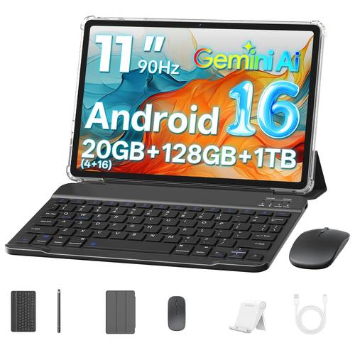 صورة العنصر أحدث تابلت 2026، 11 بوصة، ذاكرة وصول عشوائي 20gb (4+16gb) مع تخزين 128gb قابل للتوسيع إلى 1tb عبر بطاقة tf، يشمل حافظة واقية، قلم ستايلس، لوحة مفاتيح، وفأرة، معالج ثماني النواة، دقة hd 1280x800، بطارية 8800mah مع ntc، معتمد من l1، كاميرات 8mp + 13mp، واي فاي 2.4g + 5g، gps، نظام 16