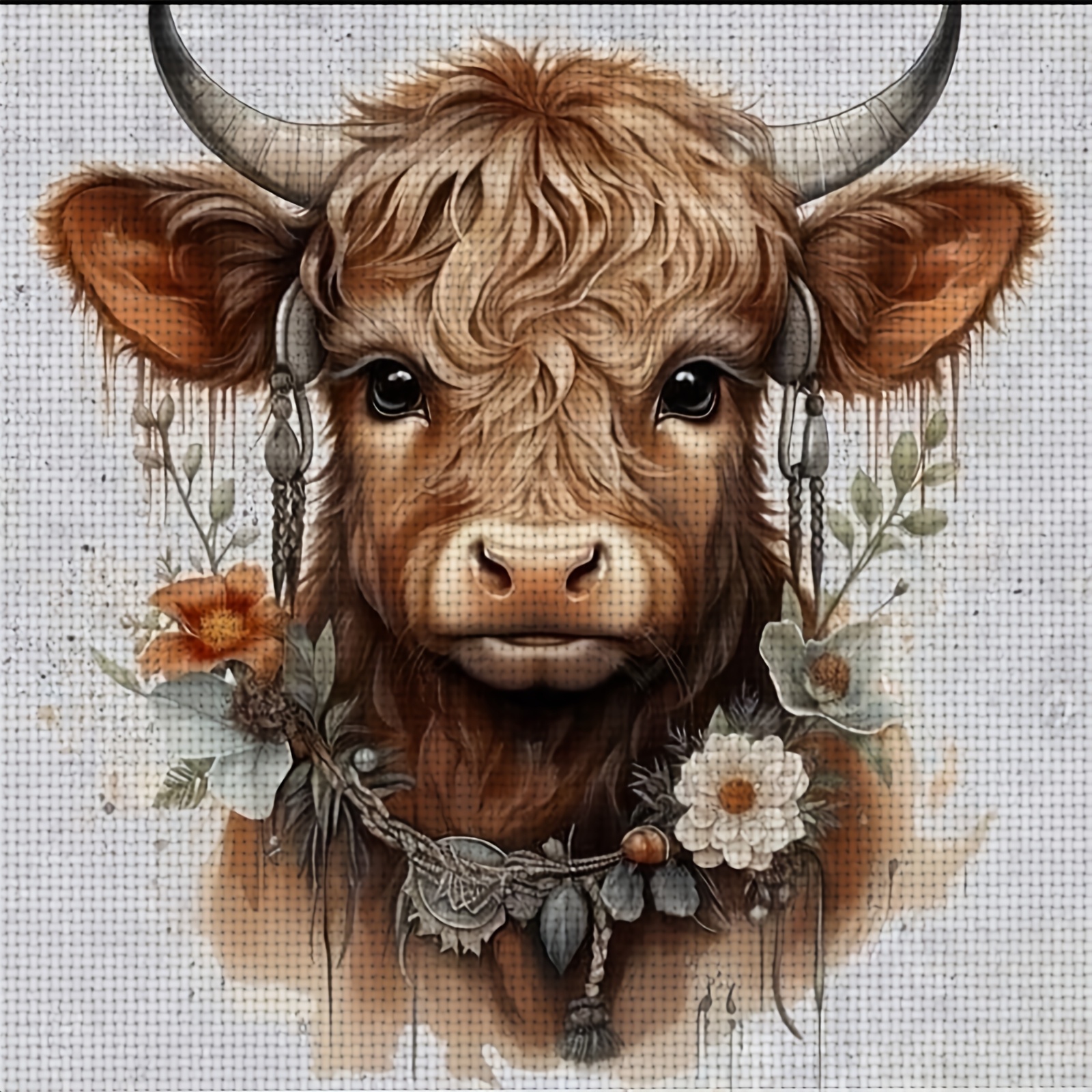 TEMU A New Frameless 11ct Printed Fabric Cross- Kit 'floral Cow Illustration', Suitable For Decorating Living Rooms And Bedrooms With Handmade Cross-