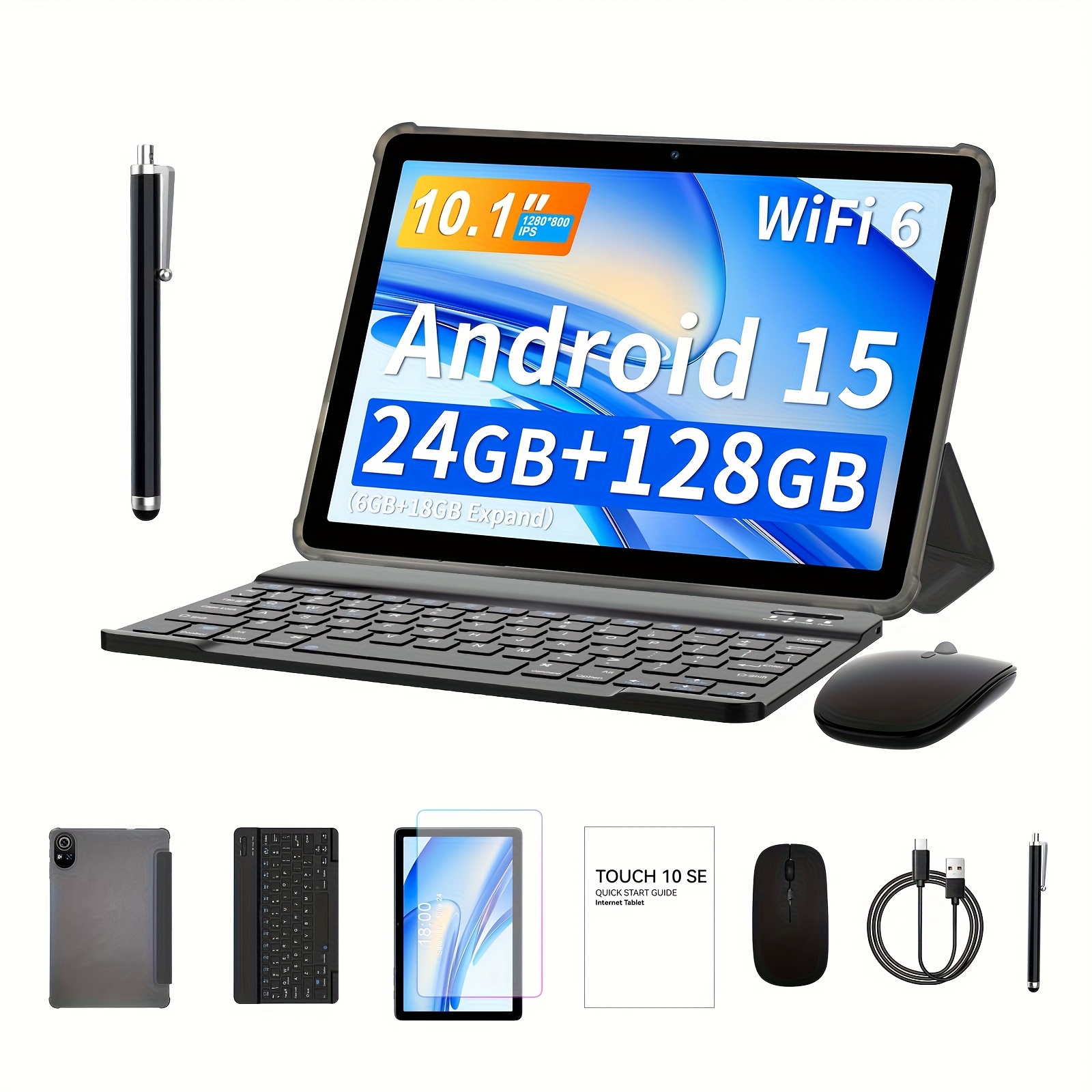 item picture   15 tablet 10 1 inch 2 in 1 tablet   accessories keyboard mouse protective case stylus without wireless function data cable 24gb 6gb 18gb expansion   128gb storage space supports 1tb storage expansion 8 megapixel camera