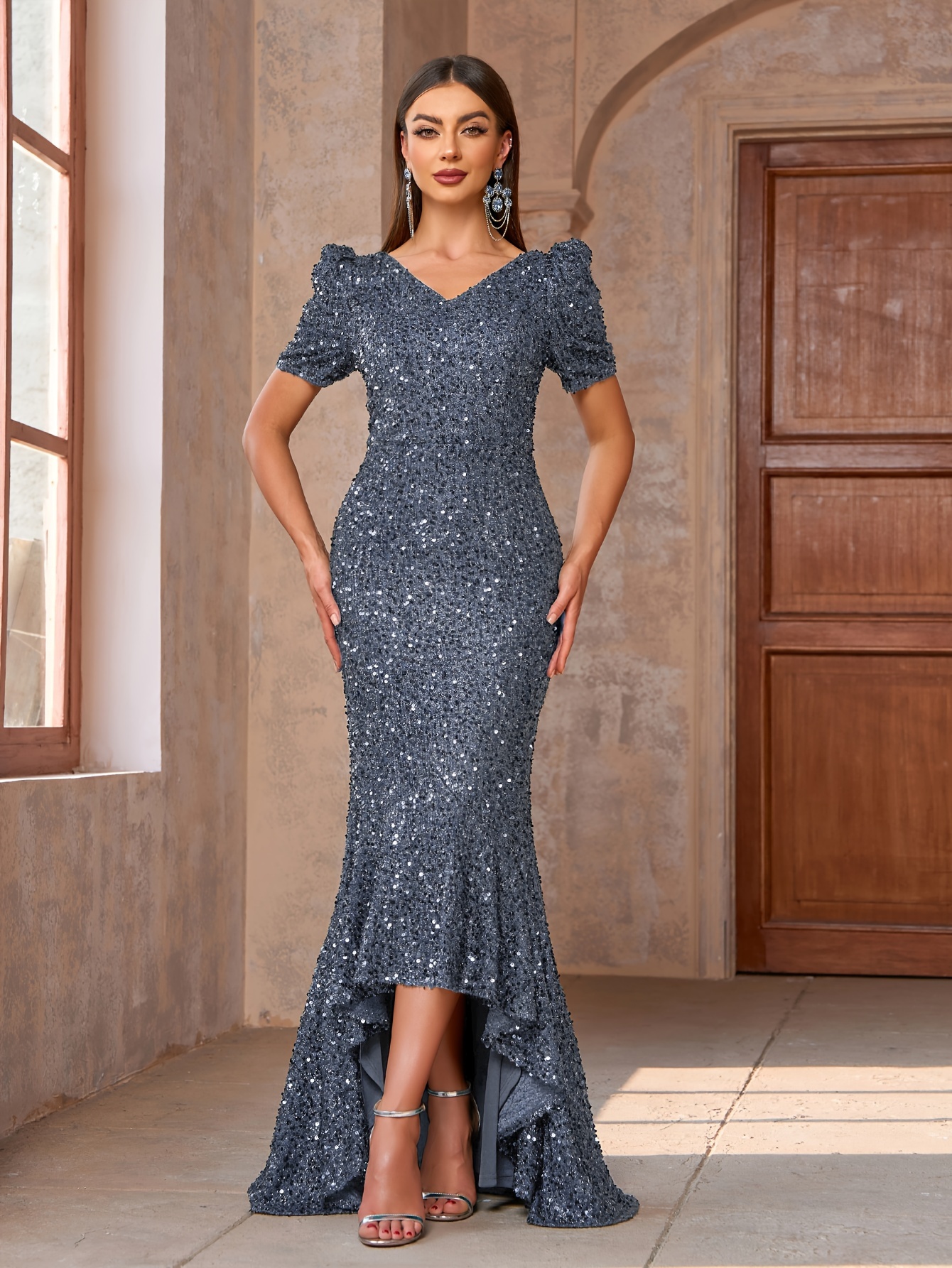 V-Neck Sequin Bodycon Dress, Family Gathering Birthday Party Dress, Elegant  And Fashionable Dress, Women'S Long Dress, Party Dress, 2025 New Style,  Women'S Evening Gown * Performance Dress, Bridesmaid ...