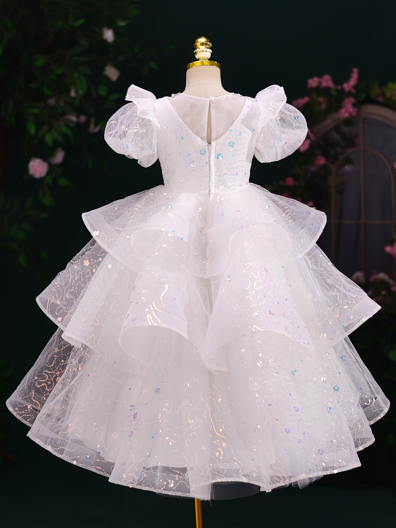 girls evening dress elegant princess dress short sleeve little girl puff gauze floral child wedding dress sequined girl   dress birthday first birthday     high end christmas holiday dress