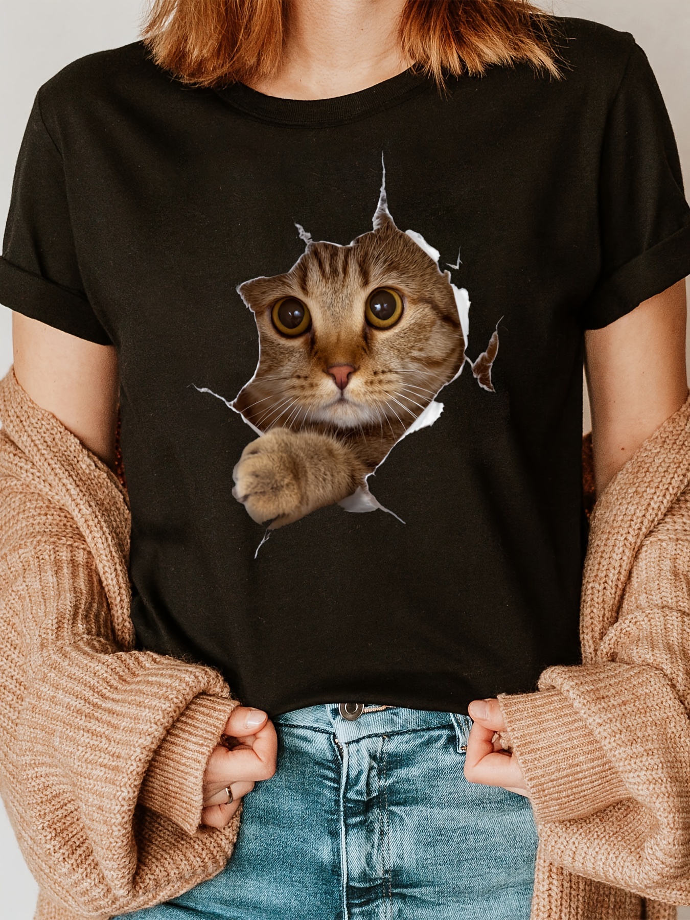 Cat Print Crew Neck T-shirt, Short Sleeve Casual Top For Summer Spring,  Women's Clothing