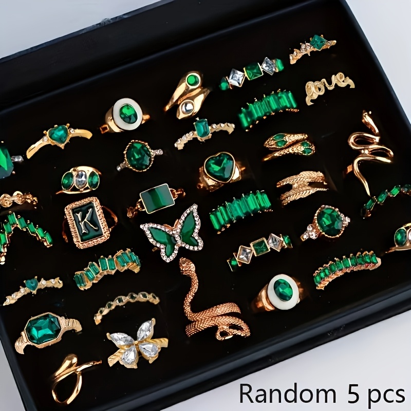 TEMU Random 5/11pcs Bohemian Irregular Shape Green Ring Set, Fashion Snake Banquet Finger Jewelry Vacation Gift Ring Style Random ()