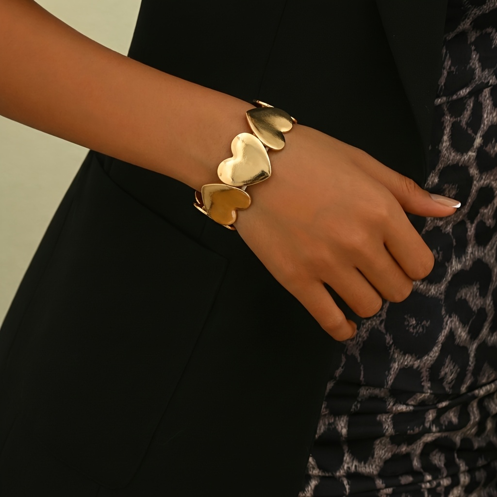 TEMU 1pc Lxalry Women's Wide Cuff Bracelet - Double-sided Heart Stretch Beads, Glossy Suitable For Wrist Sizes, Spring Summer Daily Wear &, Vintage