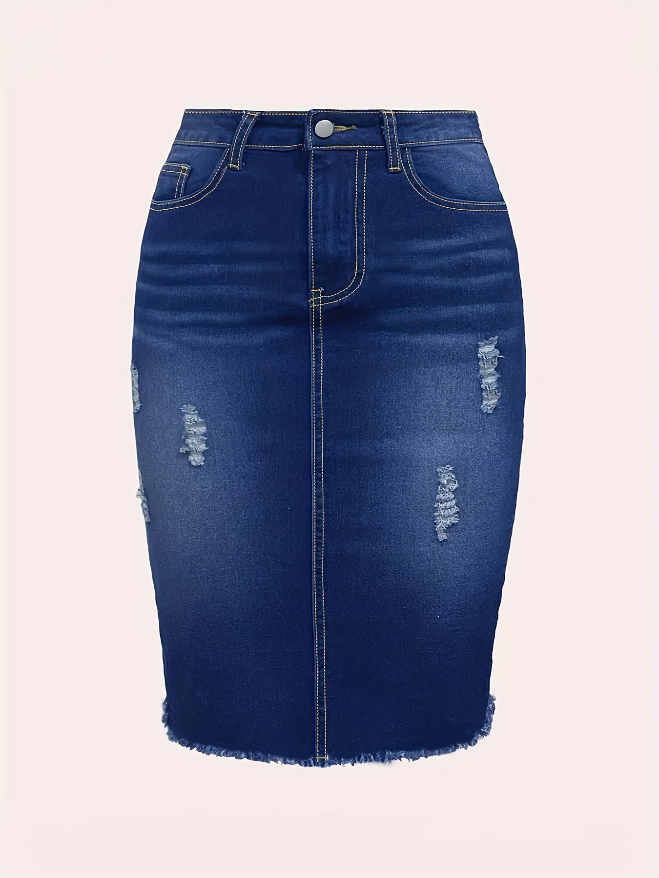 Plus Size Women'S High-Waisted Pencil Washed Solid Blue Denim Midi Skirt - Frayed Edges, Ripped Design, Slim-Fit, Retro Fashionable Street Style, Durable & Stylish, Suitable for Spring/Summer/Autumn & Daily Outings