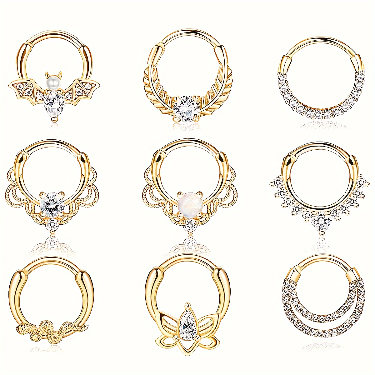 

9pcs Piercing Stainless Steel Nose Ring Set, Different Shapes Of Septum Ring, Zircon, Opal, Snake, Bat, Leaf, Lotus, Flat Double U-shaped Zircon Decor Nose Hoop Ring Body Piercing Jewelry