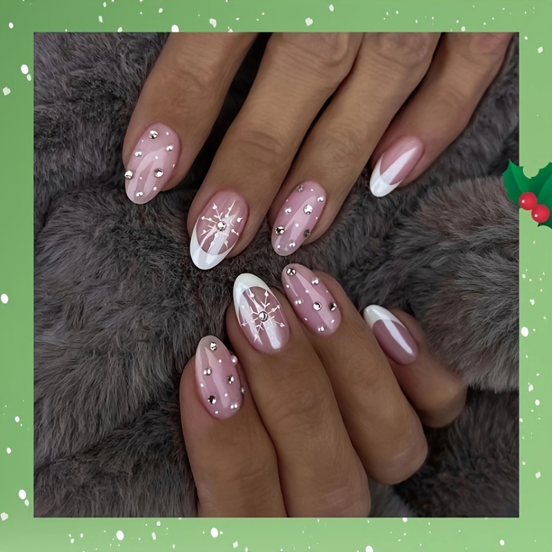 TELAIN 24er Set Weihnachts-Press-on-Nägel – Kurze Quadratische Kunstnägel Mit Schneeflocken-Design, Rosa Glitzer
