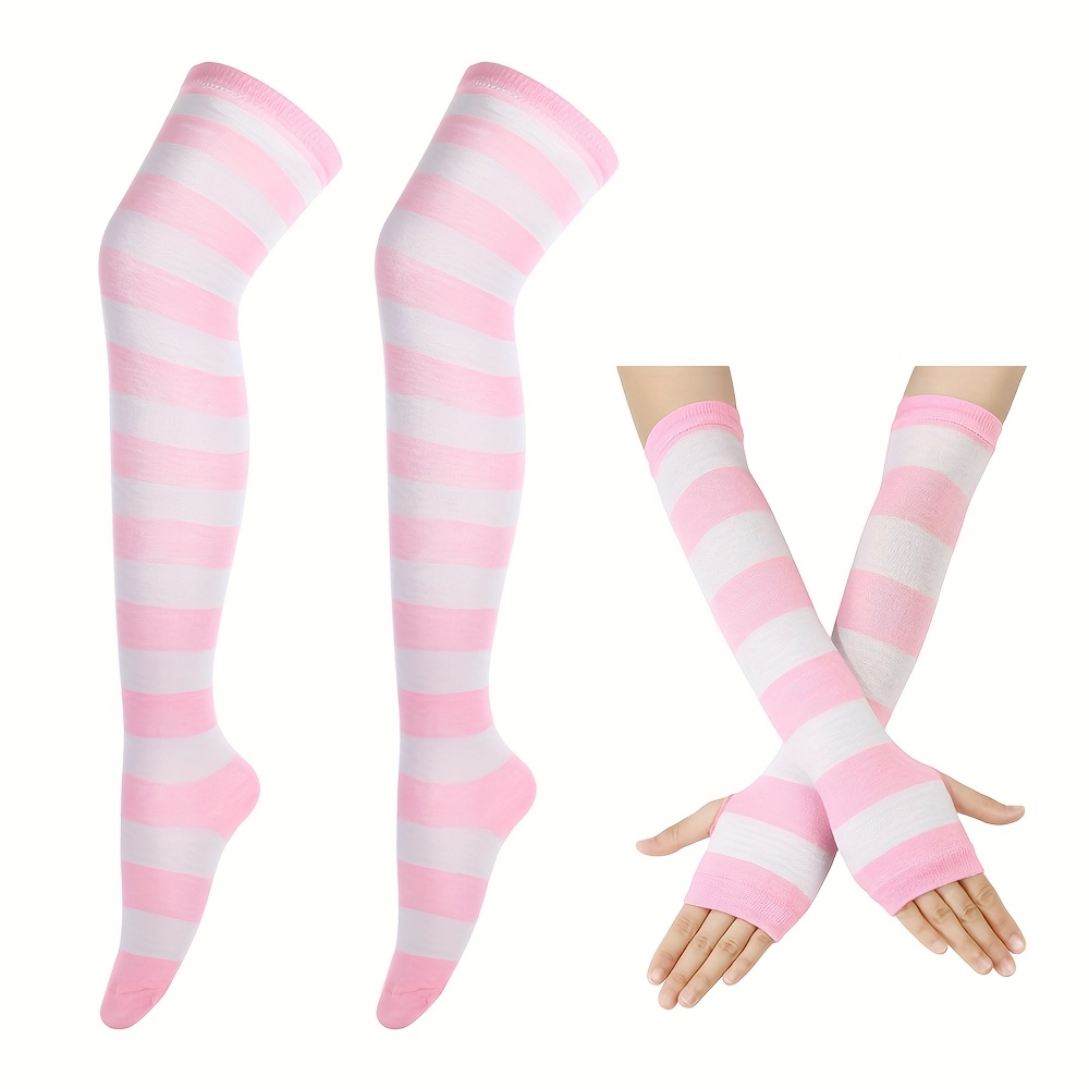 E-shop 1 Paar Kombi-Set Bunte Gestreifte Über-Knie-Socken Weihnachtsfeier Socken Ärmel Mode Damen Socken Armstulpen