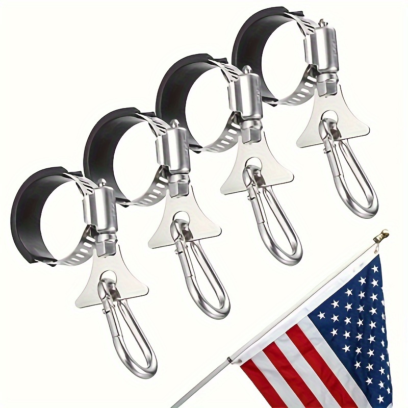 

Stainless Steel Adjustable Flagpole Clips With Carabiner Hooks, Set Of 4, Durable Metal Flag Pole Holder Rings, Outdoor Flag Mounting Hardware For Home And Garden - No Electricity Or Battery Needed