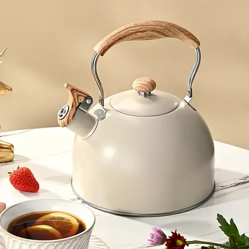 1 1l 스테인레스 스틸 주전자, 나무 조각 손잡이, 휘슬 뚜껑 및 스포트, 인덕션 및 가스 스토브와 호환 가능, 전기 없음