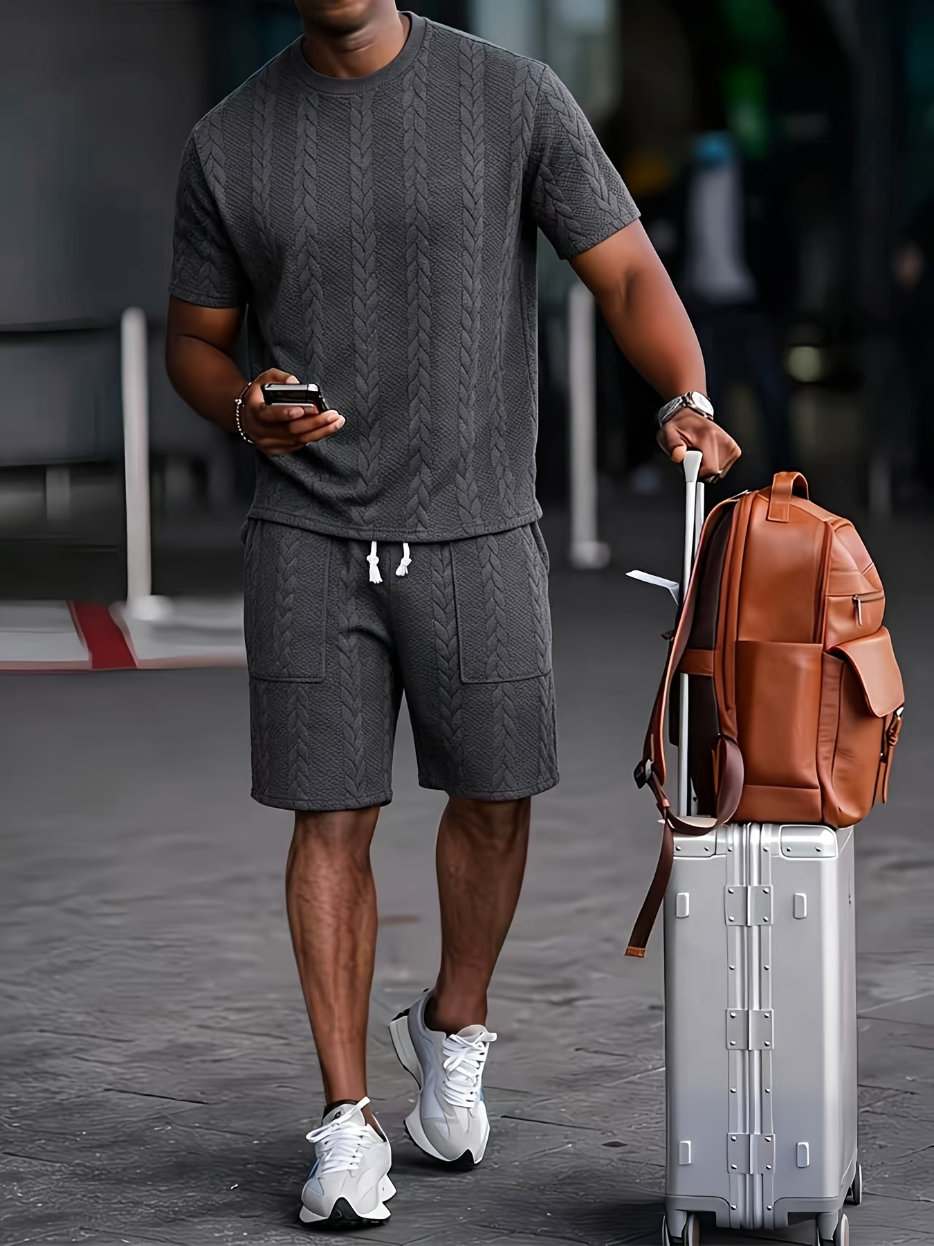 Men's Checkered Knit Jacquard Shirt and Comfortable Shorts Set
