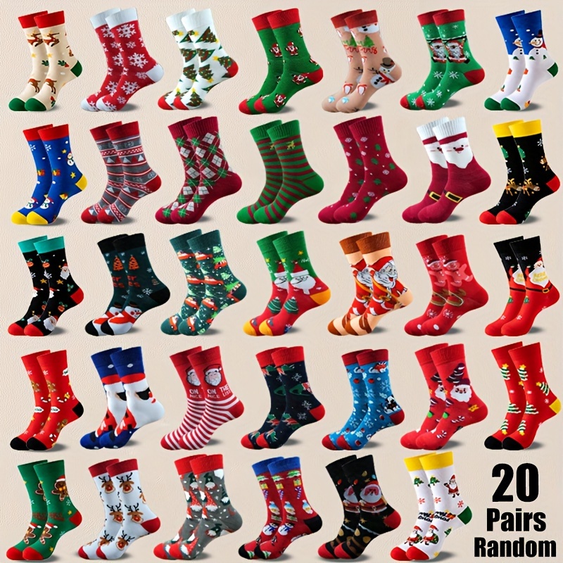 Image of 10/20-pair Random Assortment, Unisex Mid-calf Socks For Autumn/winter Featuring Christmas Tree, Snowflake, Snowman, Santa Claus, Reindeer, And Gingerbread Patterns. For