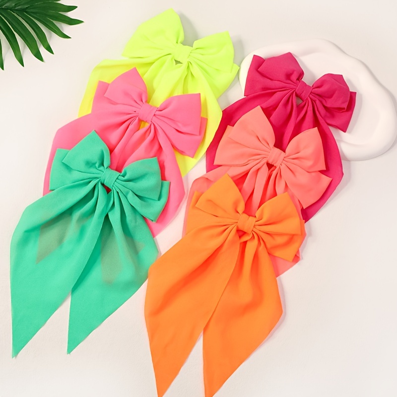 

6pcs Set Elegant & Simple Fluorescent Bow Hair Clips - Solid Color Spring Barrettes For Women, Hair Bow Clips