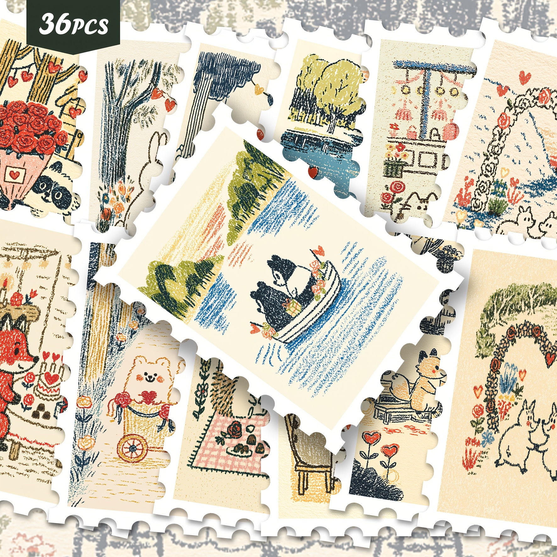 TEMU Ensemble de 36 autocollants d'animaux de la forêt et fantaisistes, collection d'autocollants de scènes romantiques et mignonnes dessinées à pour