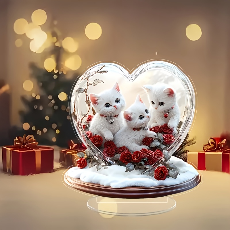 

2d Flat, 1pc 2d Flat Acrylic Cute Kitten Heart-shaped Interior Ornament Decoration, Holiday Decoration, Birthday Gifts