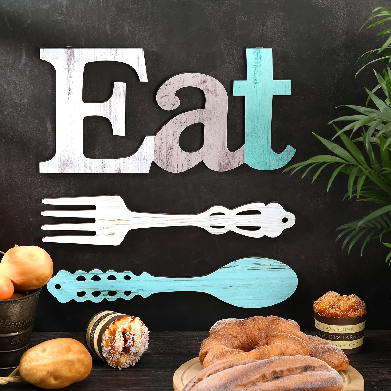 

3-piece Rustic Wooden 'eat' Sign Set - Fork & Spoon Wall Decor For Kitchen And Home, Charming Country Dining Room Art