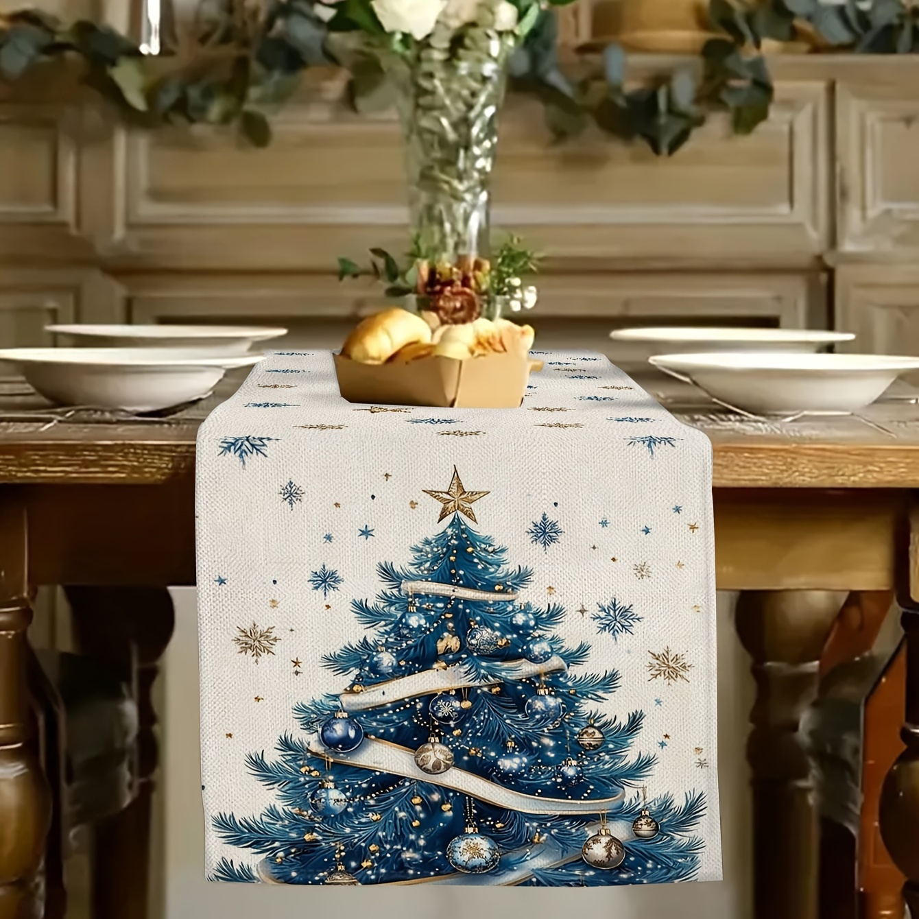 

1pc Christmas Table - Christmas Tree & Pattern, Red, Rectangular, Linen , , For / Dining, Parties, & Decorations, Kitchen And Dining Table Decoration
