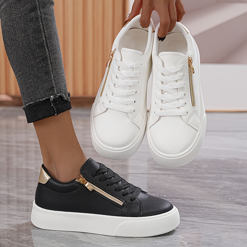 Women's Trendy Thick-Sole Sneakers Comfortable Casual Low-Top Lace-Up  Shoes with Golden Zipper Detail, White Black PU Cover Design, Rubber  Sole, A