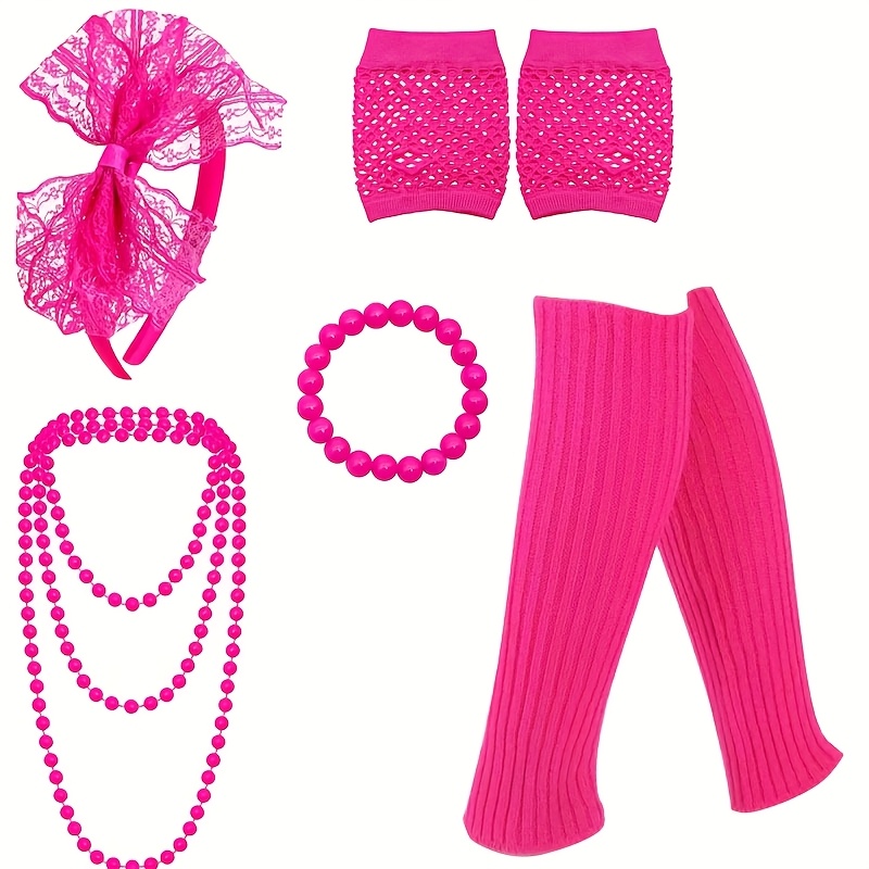 Image of 7pcs 70s Neon Costume Additions, Leg Covers, Lace Headbands, Gloves, Necklaces And Bead Bracelets, Suitable For Adult Women, For Carnival, Theme Balls, Costume Parties And Halloween