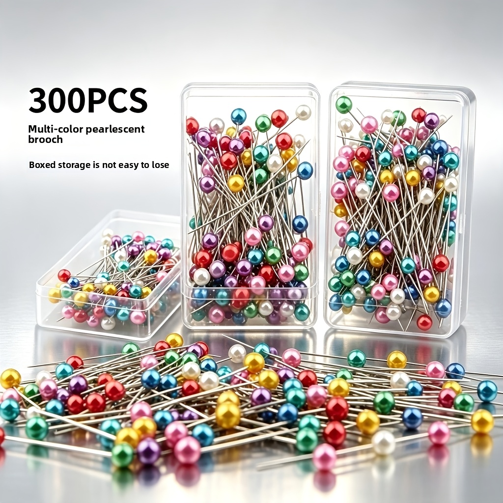 TEMU 300 piezas de alfileres de cabeza de perla de grandes multicolor con caja de almacenamiento transparente, alfileres rectos de posición de color