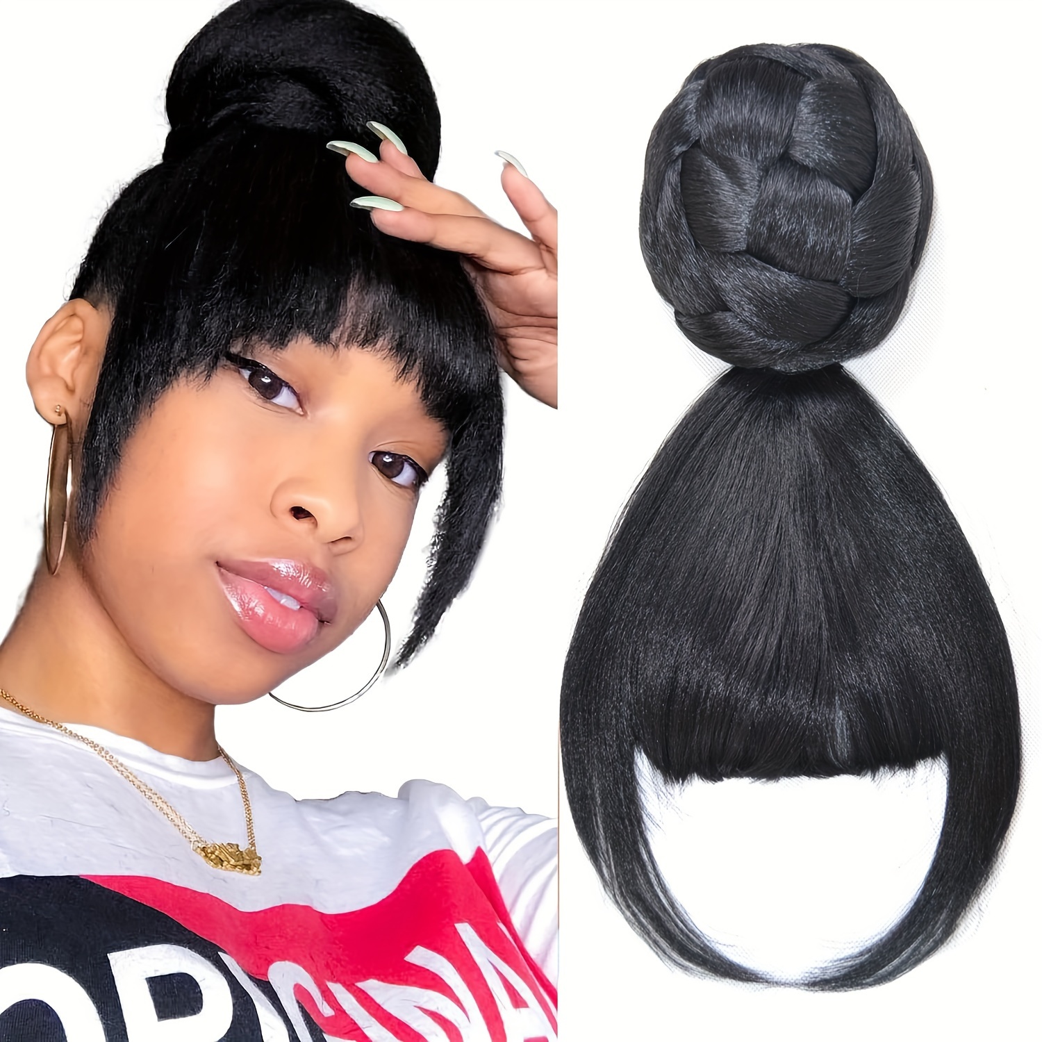 

Women' Bun Wig Set, Synthetic Hair With Bangs, Hairpiece For , Breathable & Comfortable, No Smell, Easy To Style