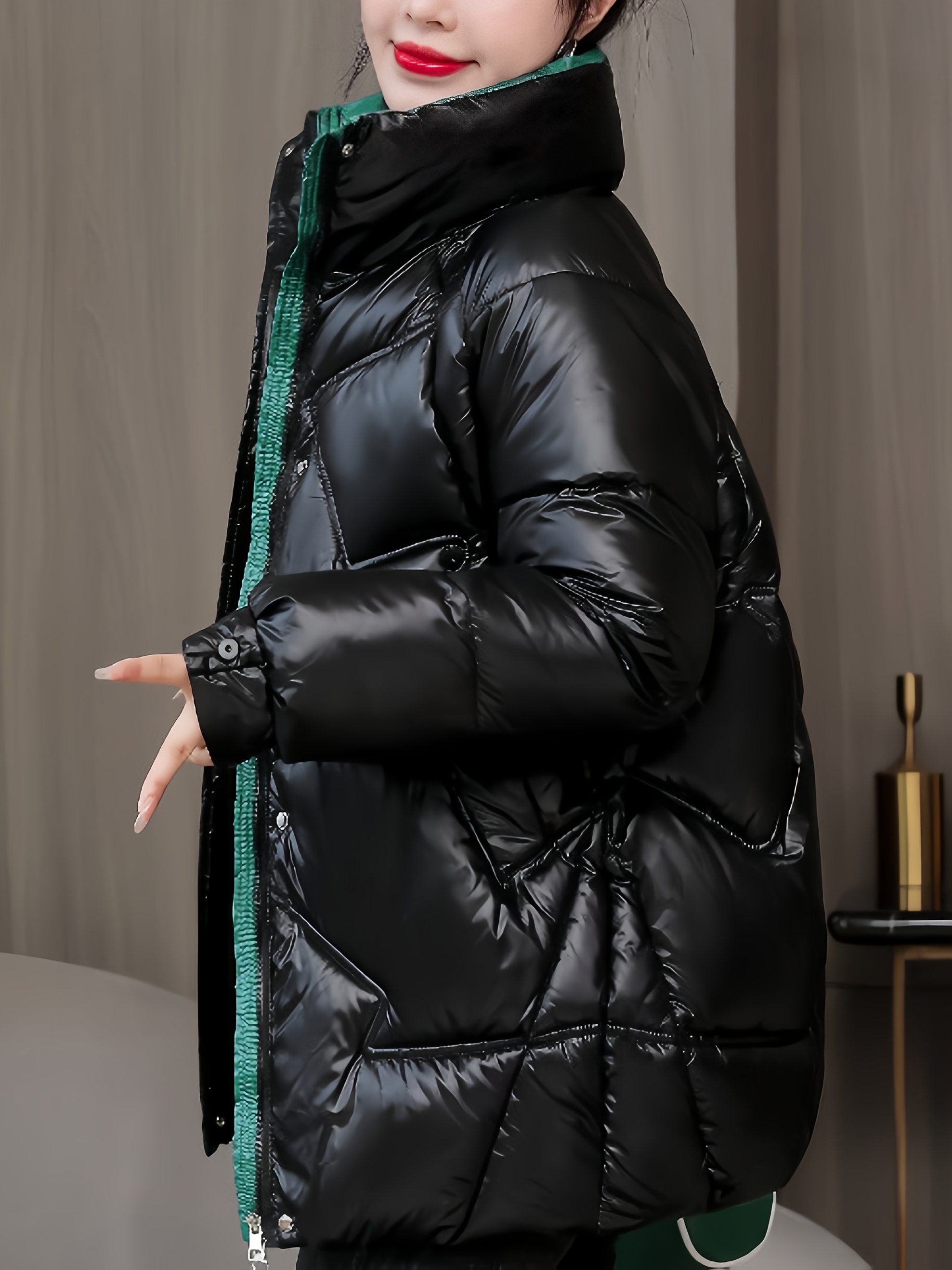 ζακέτα για γυναίκες για το χειμώνα - στυλική μαύρη εξωτερική στολή με πράσινο κομμάτι, θερμή και ελεύθερη, μακρύς σωλήνας, κλείσιμο με ζιπ, κασουλ κορεατικός στυλ, χειμωνιάτικη ζακέτα | στυλική χειμωνιάτικη ζακέτα | ζακέτα με ζιπ Στοιχεία είδους 1