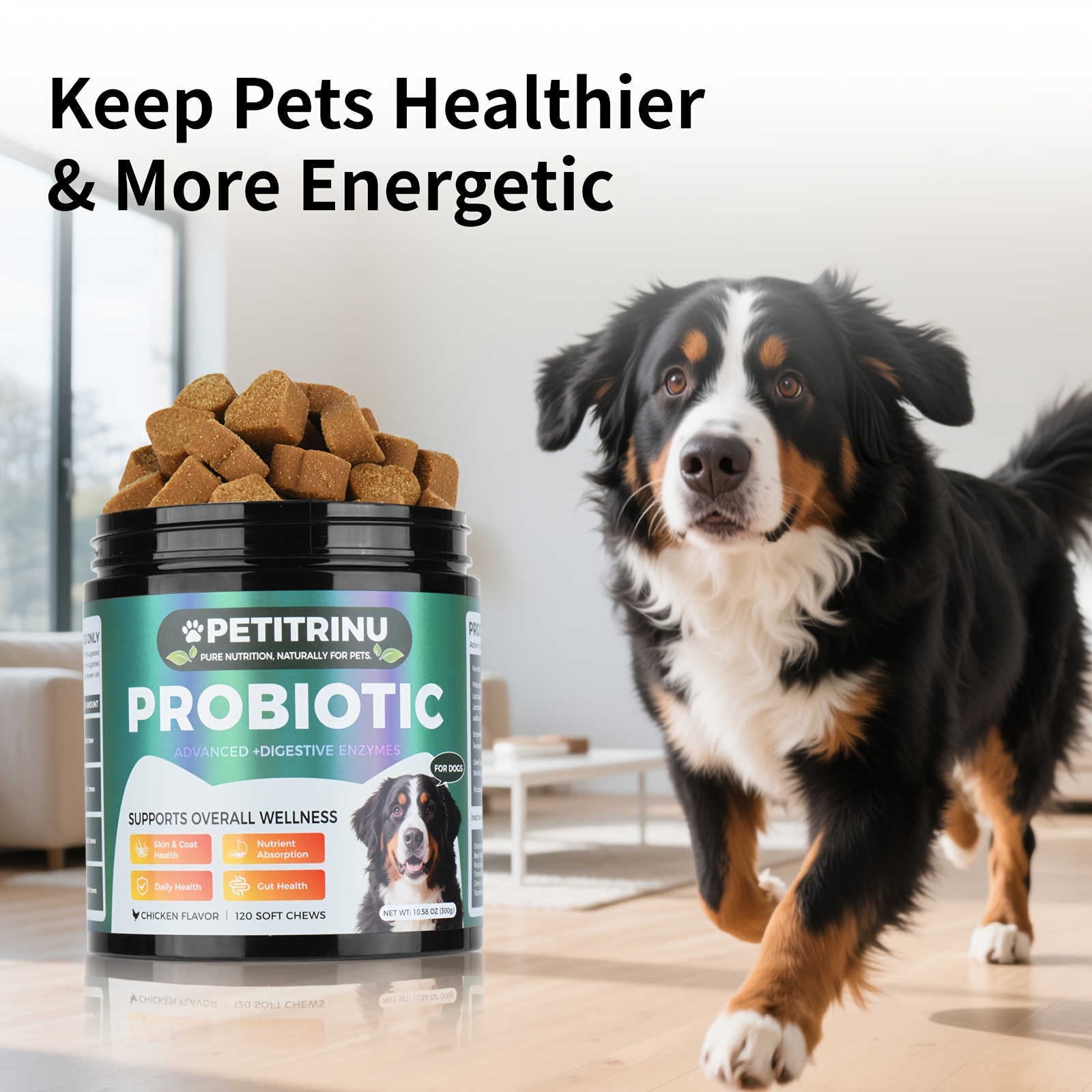 PETITRINU Probiotic For Dogs | Advanced Digestive Support for Skin, Coat & Gut Health | Flavor: Chicken