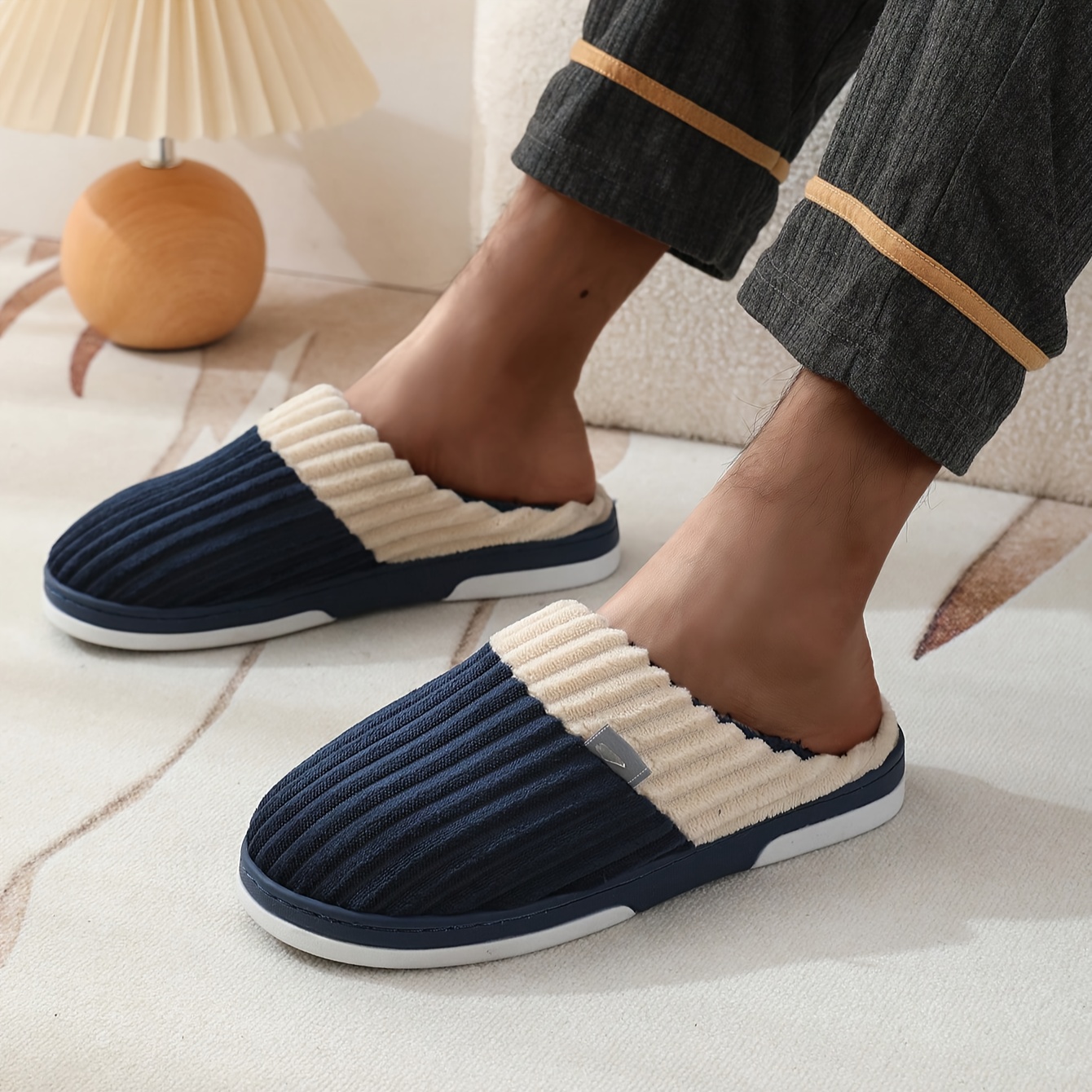 

Men's Casual Comfortable Toe Slippers, Non-slip Fleece Slippers For Indoor Home Bedroom, Autumn And Winter