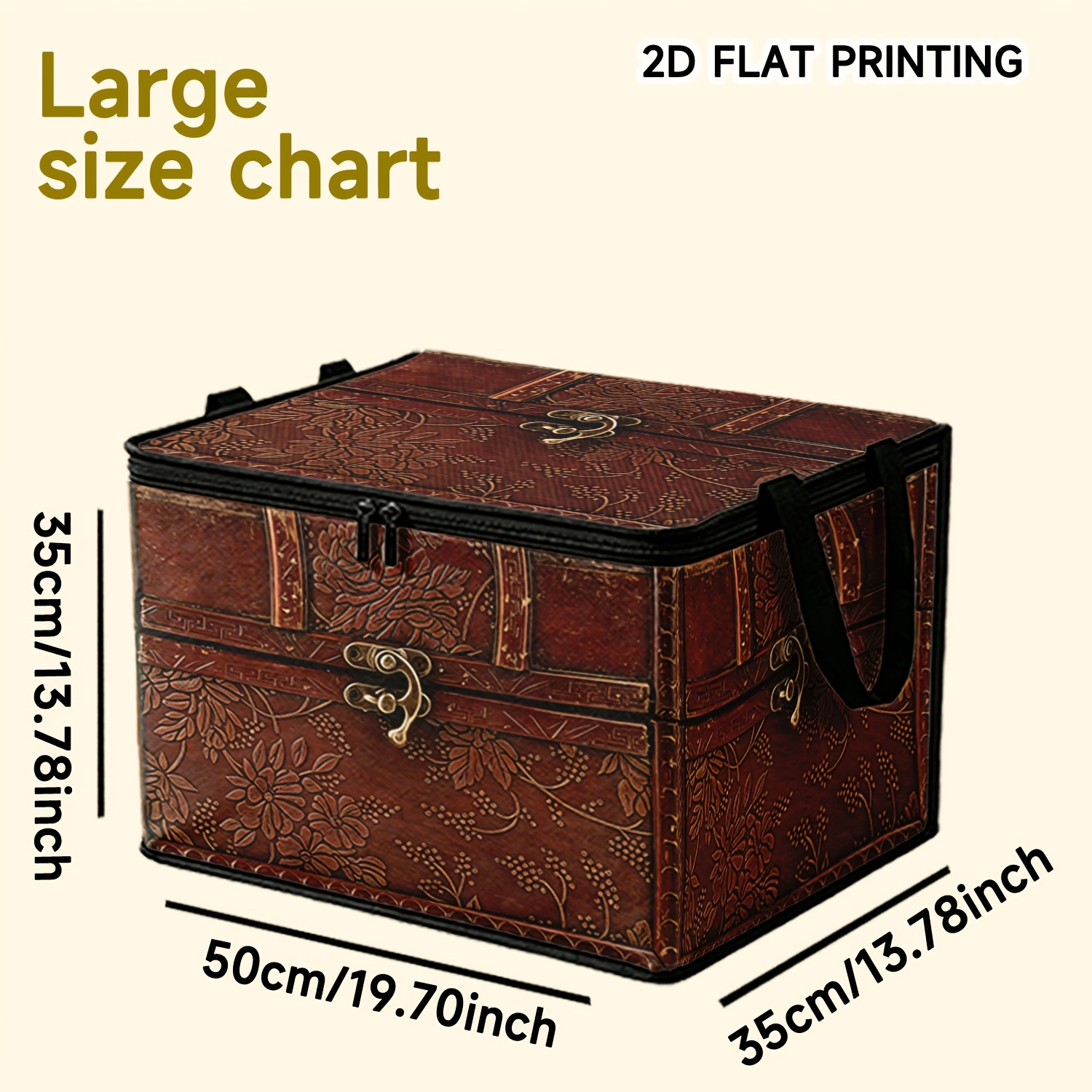 TEMU 1 Large-capacity Storage Box With Vintage-style Red-brown Embossed Wood-grain Print, Reinforced Handles, And A Zipper. Suitable For Storing