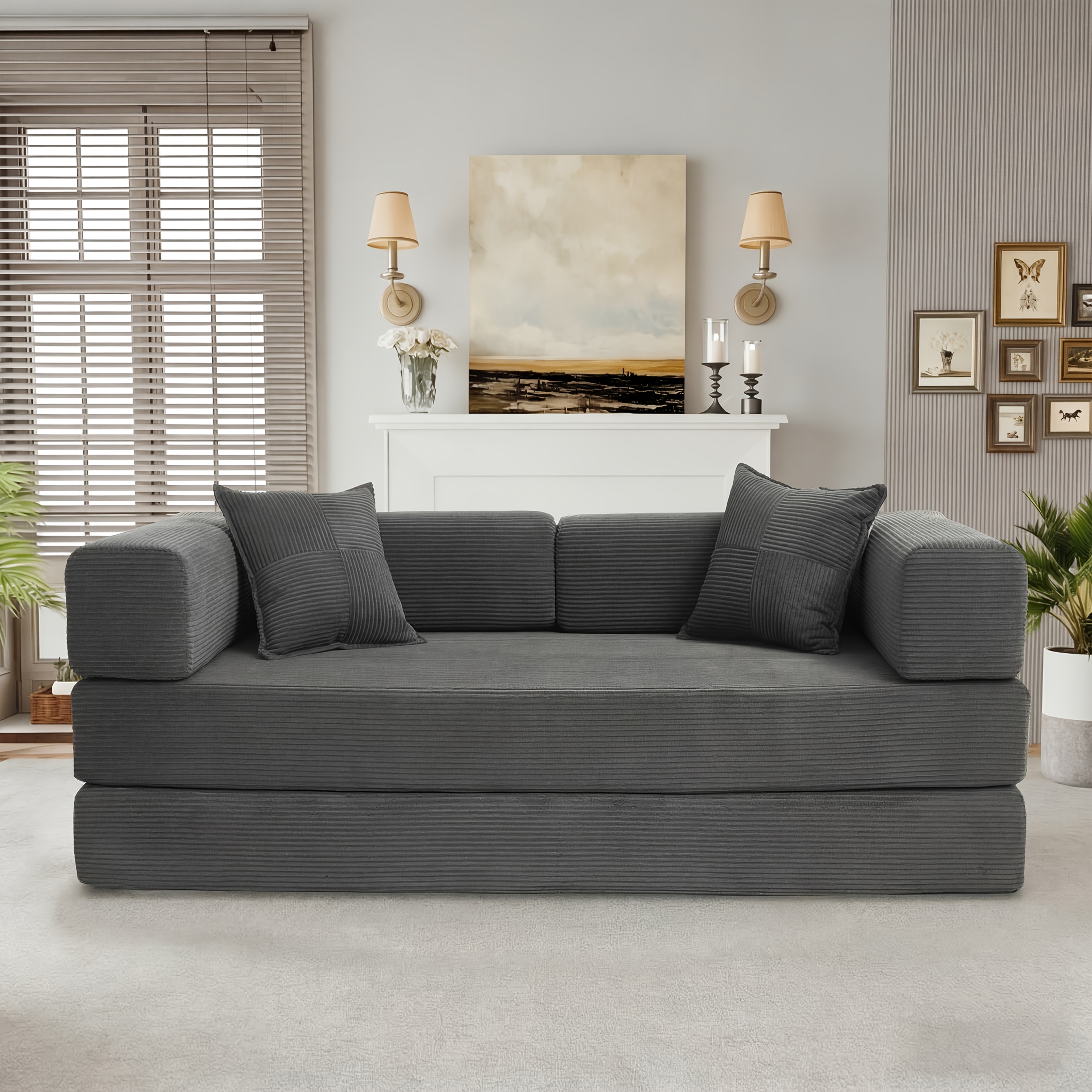 Image of Convertible Sofa Bed For Adults, Corduroy 3-seater Folding Couch, Floor Lounge With Pillows, Compact Sleeper For Apartment, Home, Office, Dorm, Green, Gray, Orange, White
