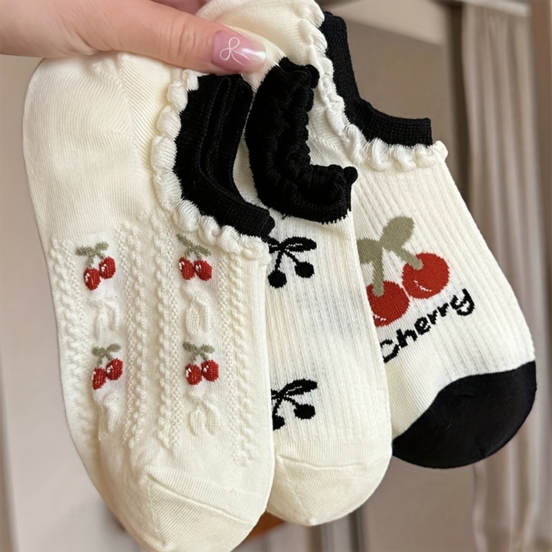 Image of 3 Pairs Of Women's Thin Breathable Invisible Socks In White, Cherry Red, Mesh, And Lace Design, Cute And Stylish For Spring/summer, Ideal For Daily Wear, Parties, Dates,, And Holiday Gifts
