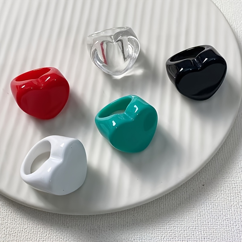 TEMU 5pcs Heart Combination, Colorful Resin Ring Set, Vintage Versatile Peach Heart Rings, Stackable Jewelry
