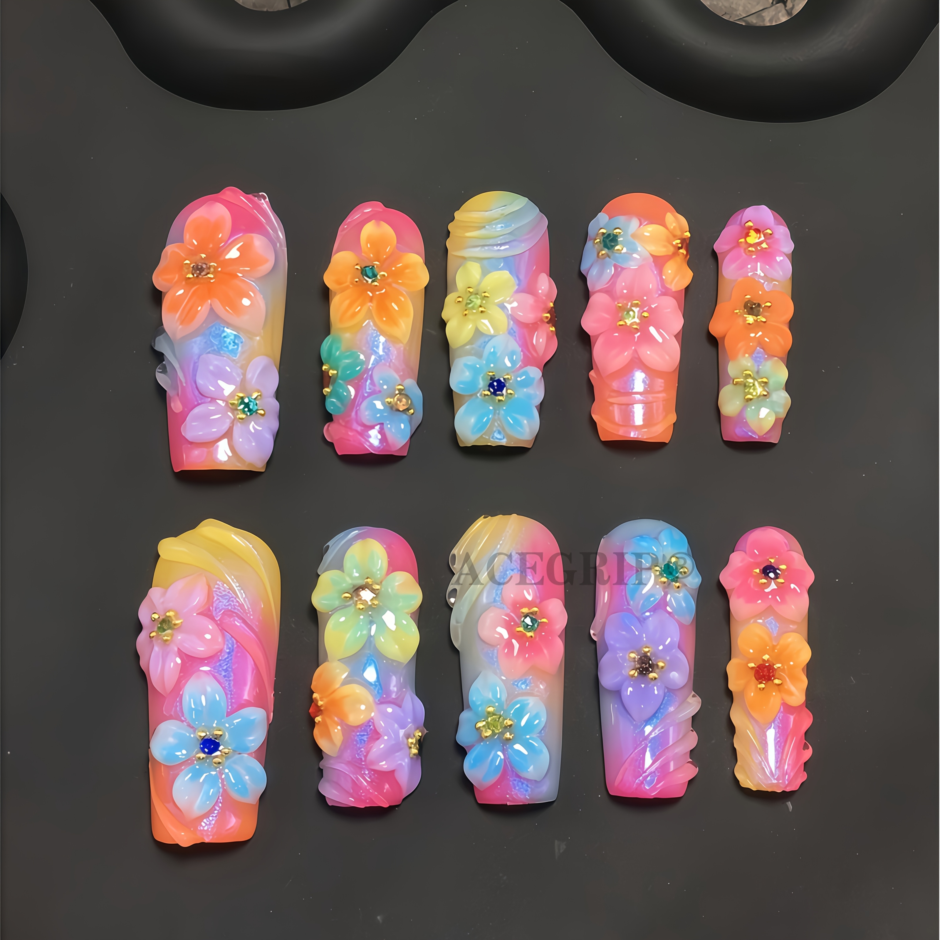 TEMU 10 Sets Of 3d Handmade Nail Decoration Kits. Are Yellow, Orange And Blue. Come With Three-dimensional Engraved Flowers, Green And Blue, As Well