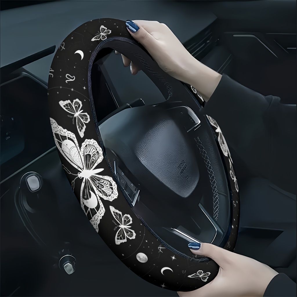 TEMU 1 funda para volante de coche con diseño de cielo estrellado, mariposas y luna y negro, y transpirable, reduce la de , para todas , accesorio