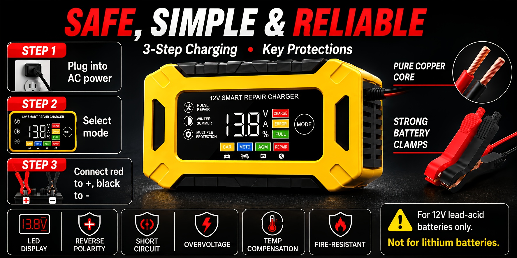  car battery charger 12v 6a for car truck motorcycle lawn mover and marine and extends batterys life flame retardand material and desulfator with temperature conpensation Product details 5