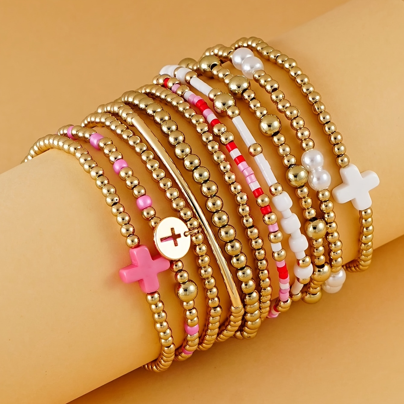 11pcs CCB Beaded Cross Pendant Stretch Bracelet Set for Women