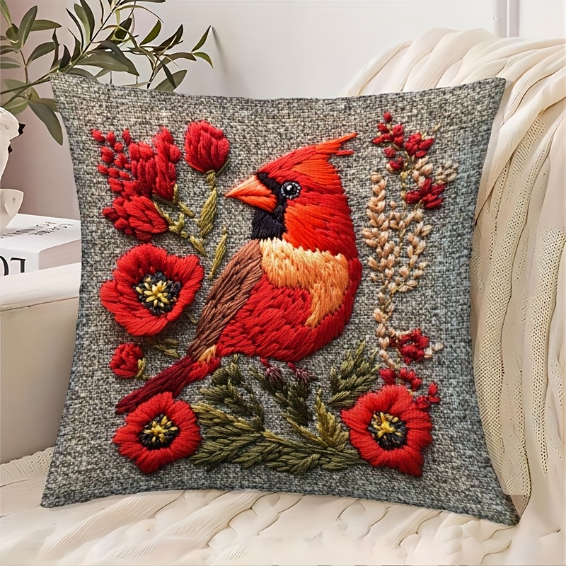 

1pc Vintage Style 18x18 Inch Embroidered Red & Poppy Flowers Throw Pillow Cover, Hypoallergenic Polyester Short Plush, Geometric-patterned Zippered For Living Room Decor, Hand Wash Only - Poi0944