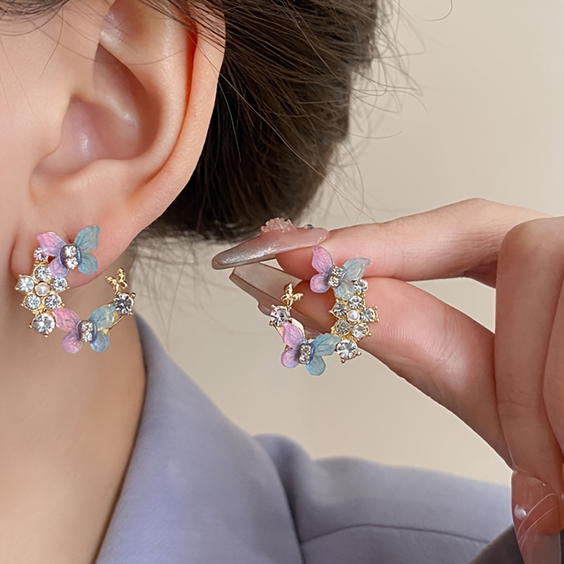 

1 Pair Rhinestone Decor Dangle Earrings, Butterfly Flower Wreath Drop Earrings, Elegant Cute Style Colorful Earrings Jewelry