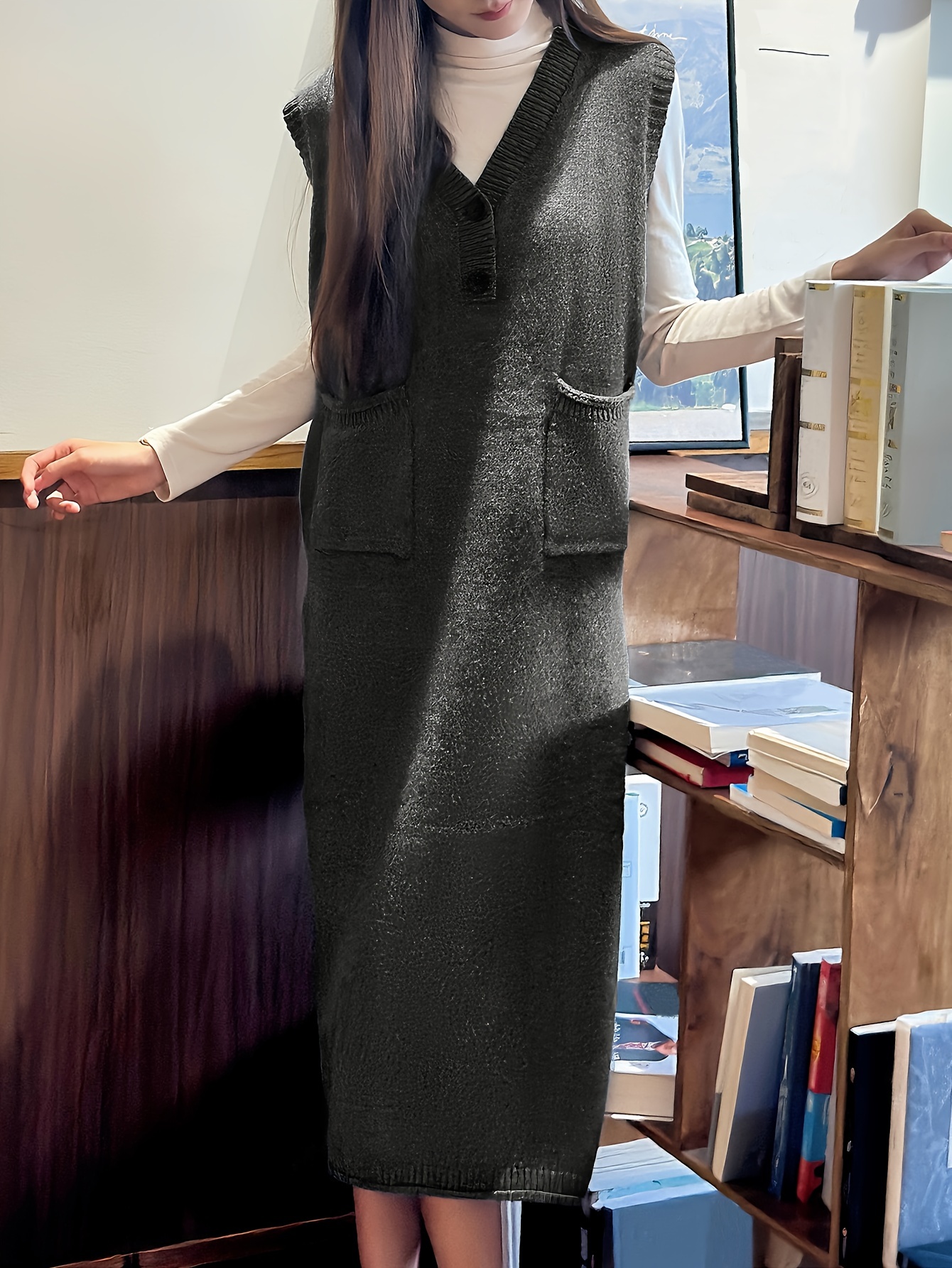 open lace back dress Dark Gray Wool Long Vest Winter Dress Warm Vest Dress With Black Lace –  Xiaolizi main image 0