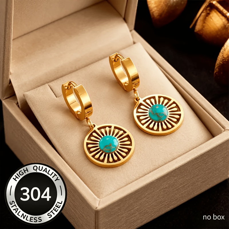 Image of A Pair Of Fashionable Niche Turquoise Pendant Stainless Steel Earrings As An Elegant And Romantic Gift