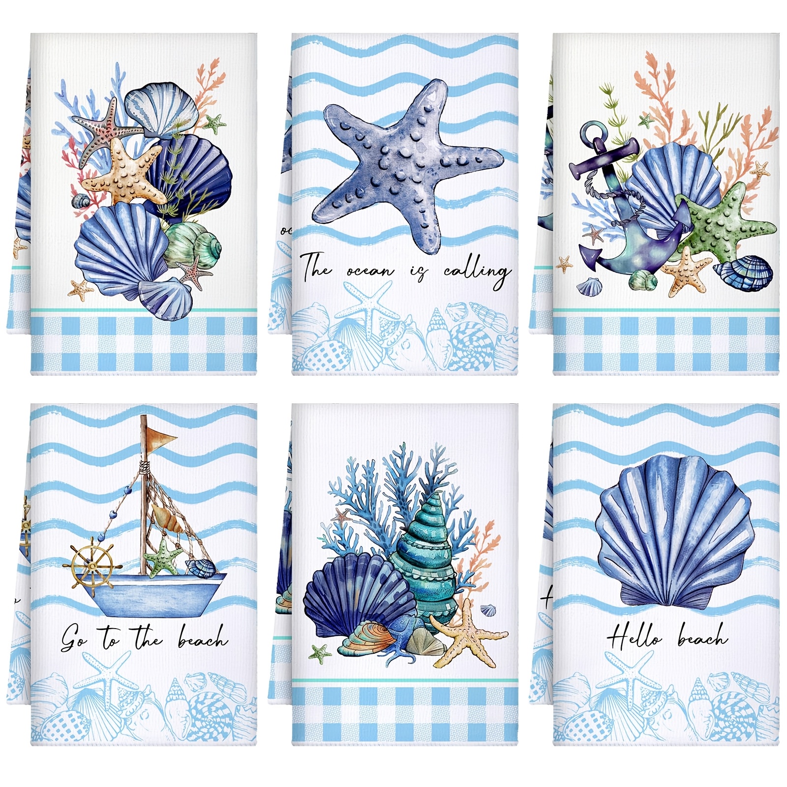 TEMU 6-pack Watercolor Ocean-themed Seashell And Starfish Kitchen Dish Towels, Soft And Skin-friendly Napkins, Absorbent, Quick-drying, And Washable,