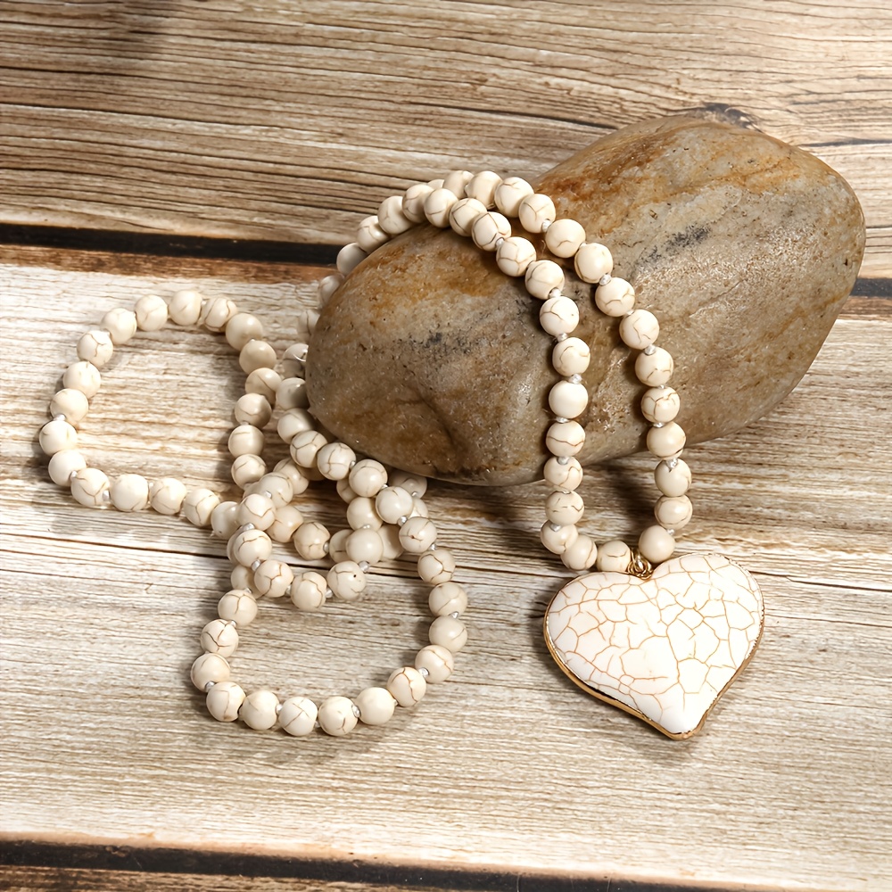 TEMU Ladies Bohemian Style Turquoise Heart-shaped Pendant Necklace -8mm Natural Gemstone Beads, Golden Heart-shaped Jewelry, December Birthstone