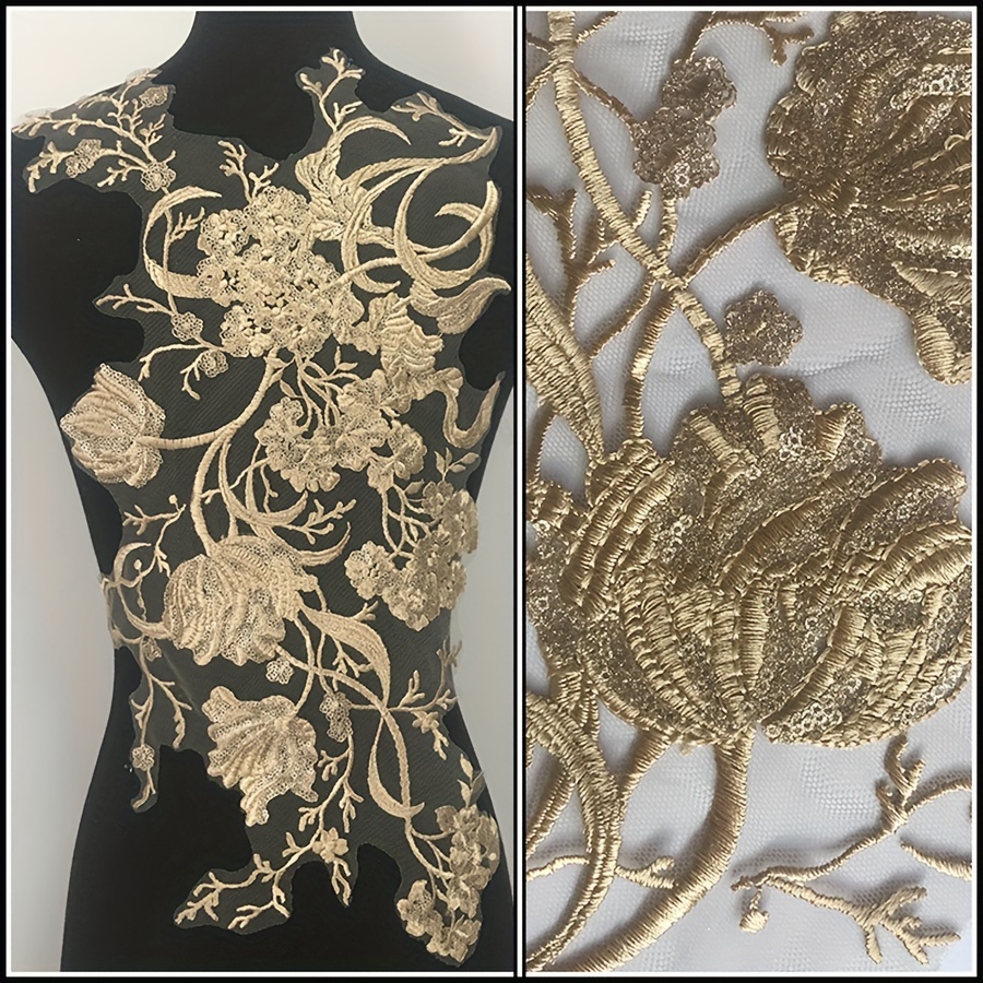 

Golden Floral Lace Appliqué Sequin Patch For Bridal Gown And Evening Dress Decoration