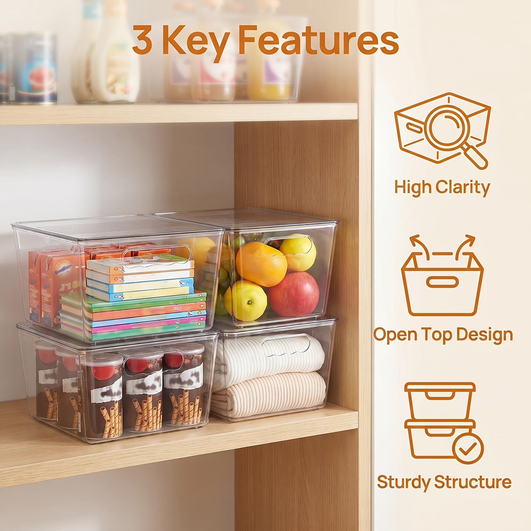 TEMU 4 Pack Refrigerator Replacement Storage Box, Clear Stackable Storage Bins With Lids, Large Plastic Containers With Handle For Pantry Organizer