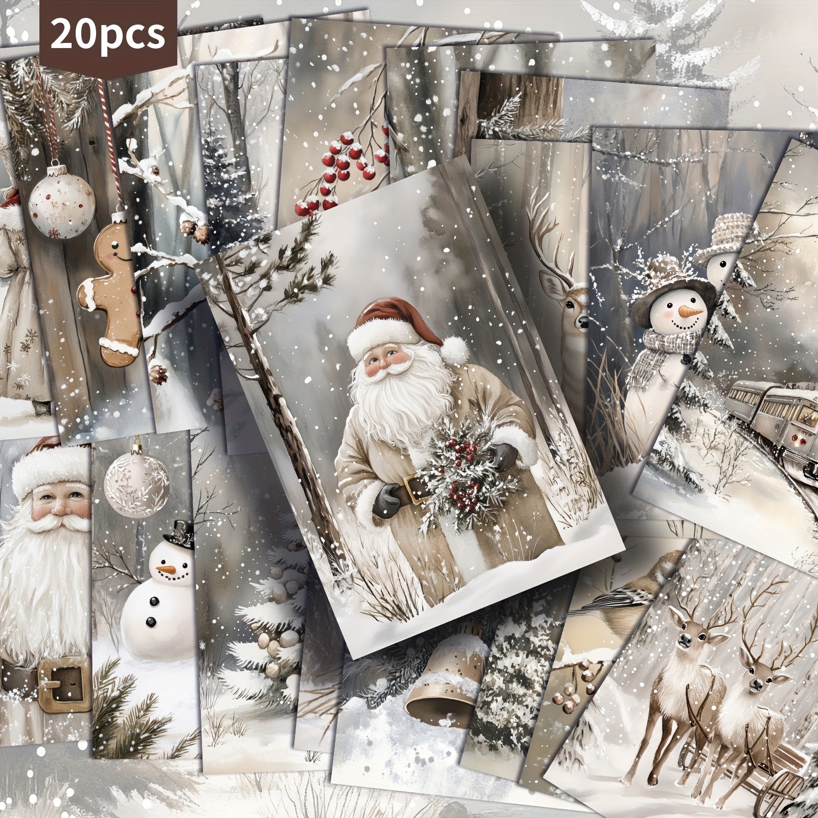 Image of Set Of 20 Christmas Postcards Featuring A And Santa, Measuring 4x6 Inches. Ideal For Junk Journals, Classic Pinup Illustrations Are Collectible Decorative Cards Perfect For Scrapbooking And Crafting