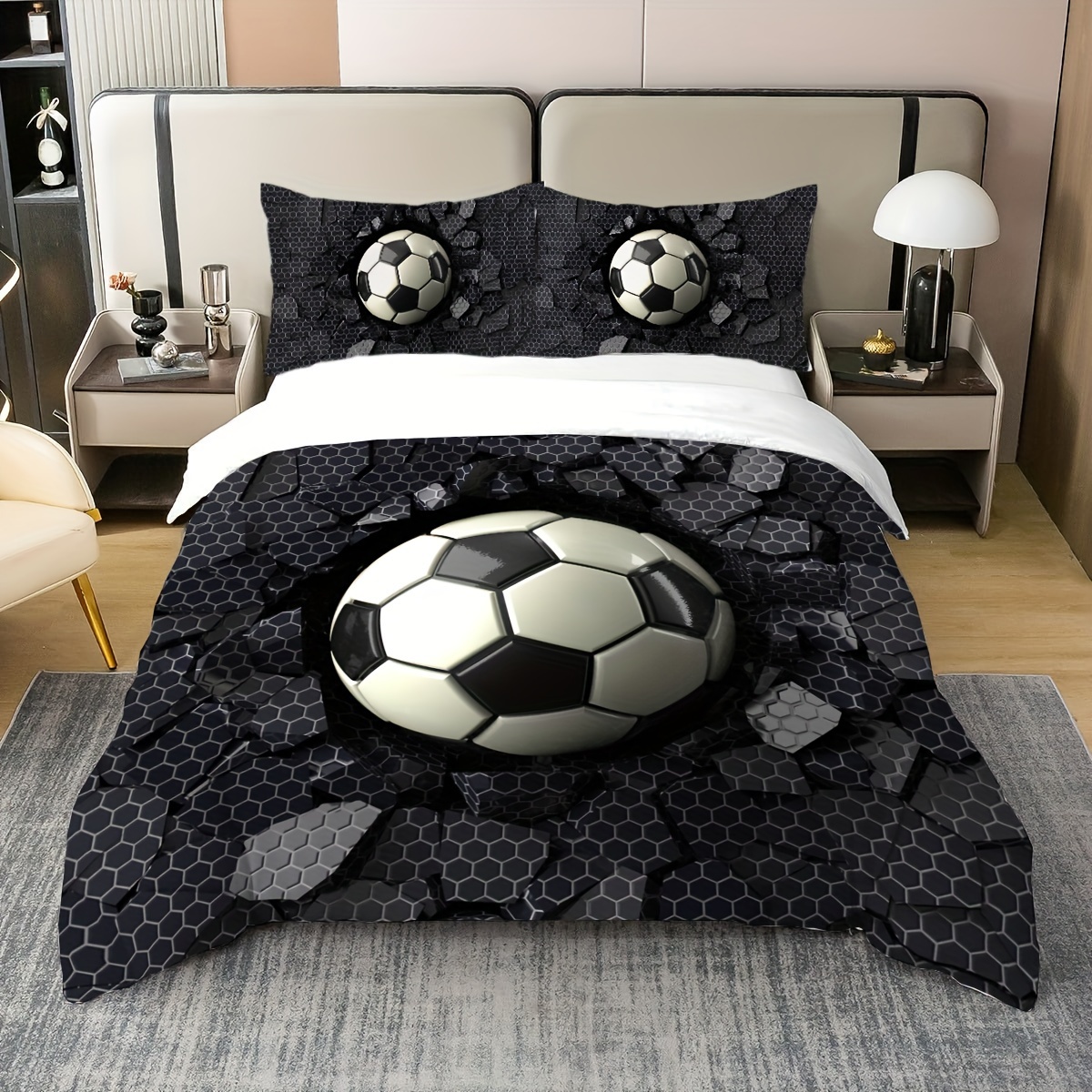 2/3pcs Duvet Cover Set, (1 Duvet Cover + 1/2 Pillowcase, Without Core) 3d University Football Hexagonal Impact Broken Cement Wall Print Soft Comfortable Bedding Set For Bedroom Dorm Room