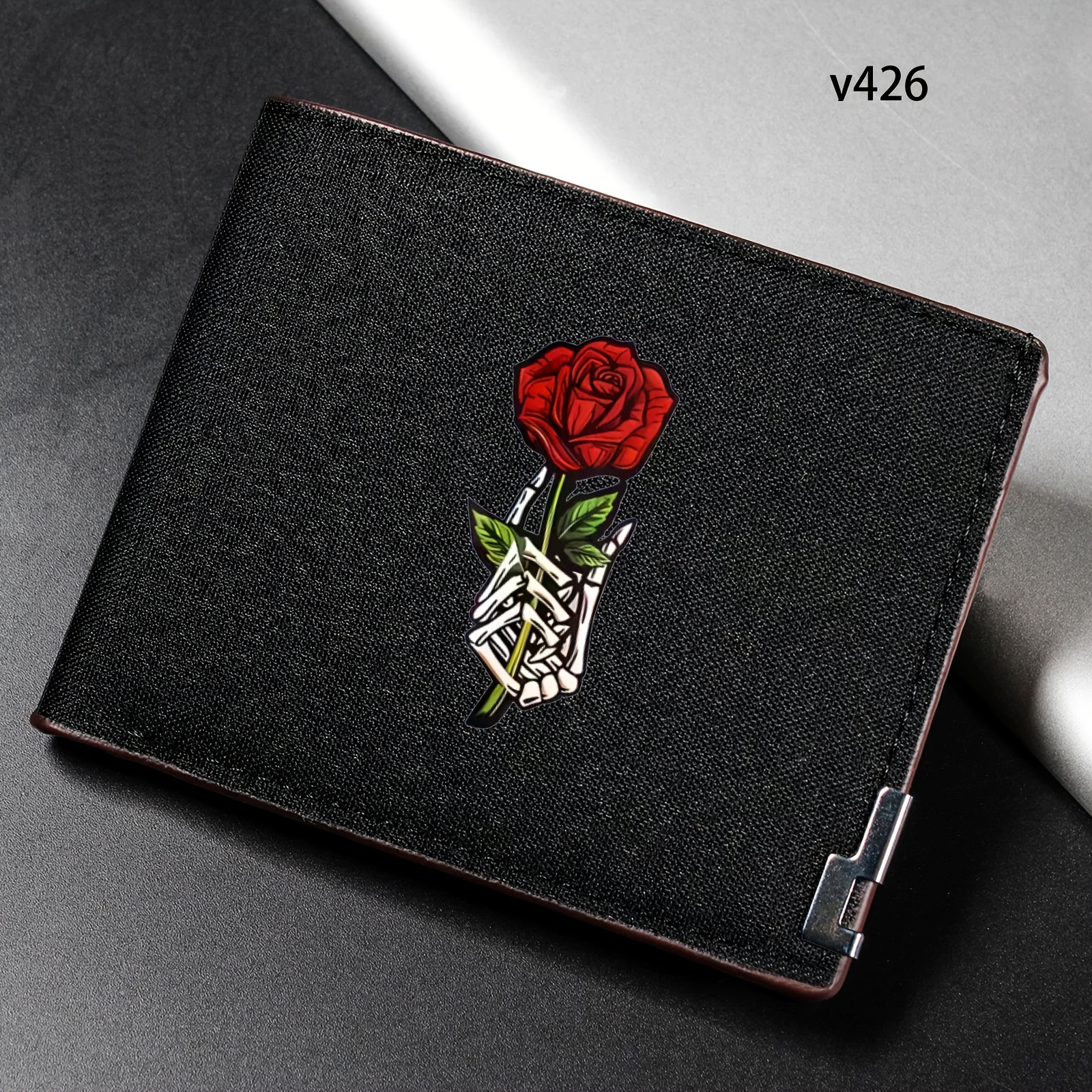 TEMU 1pc Minimalist Retro Light Luxury High-end Cartoon Skeleton Hand Rose Print Wallet Multi-functional Card Holder Coin Purse, Ultra-thin Business