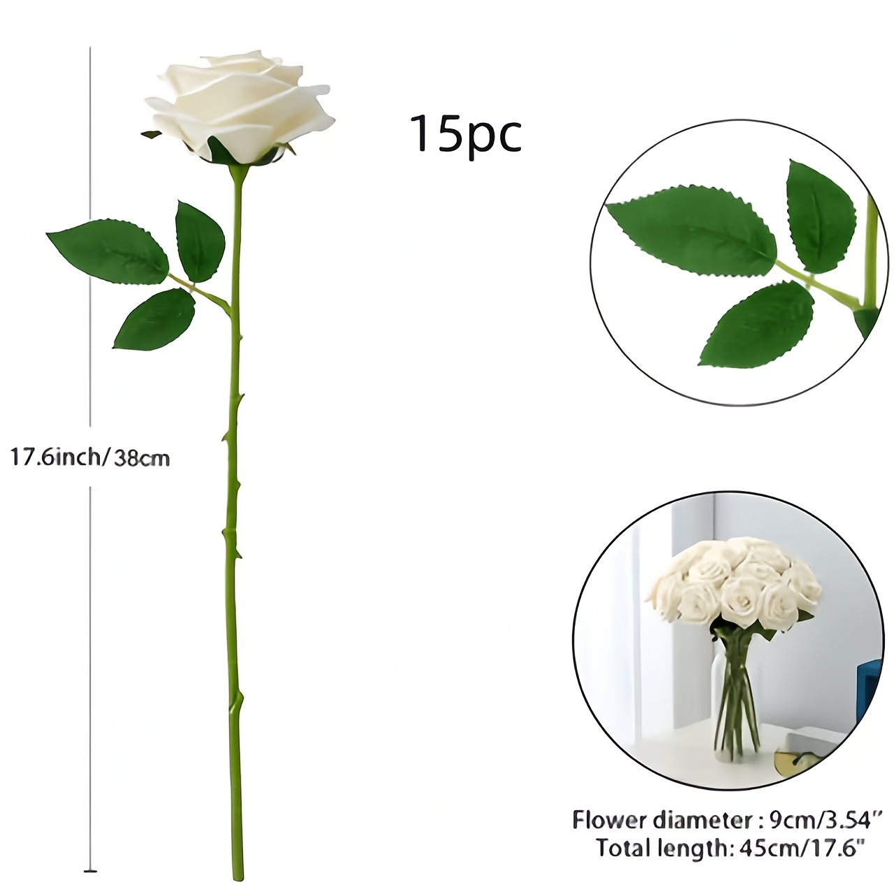 TEMU Bouquet de 15 pièces de roses artificielles blanches ou tige unique - Roses fausses réalistes, convient pour la décoration de , des mariages et