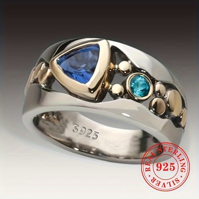 

925 Sterling Silver Dual Tone Ring With Triangular Cut Blue Synthetic Gemstone Vintage Ring Jewelry